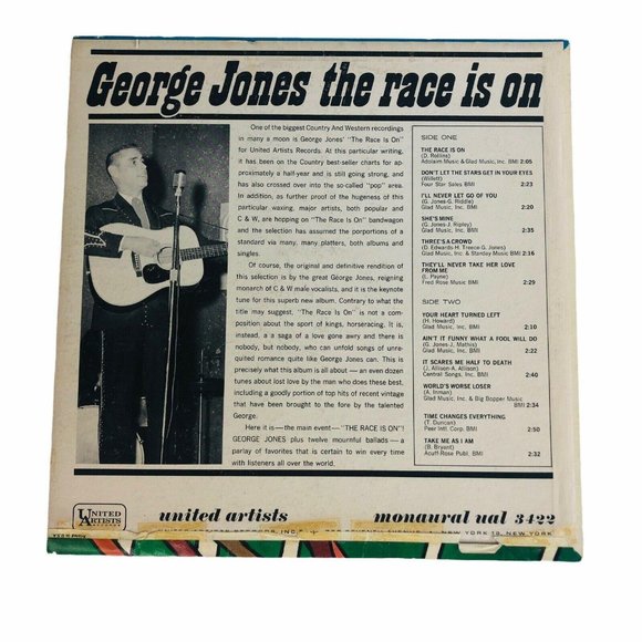 George Jones The Race Is On LP Album UAL 3422 Vinyl Record Cartoon Cover Tested - Picture 3 of 8